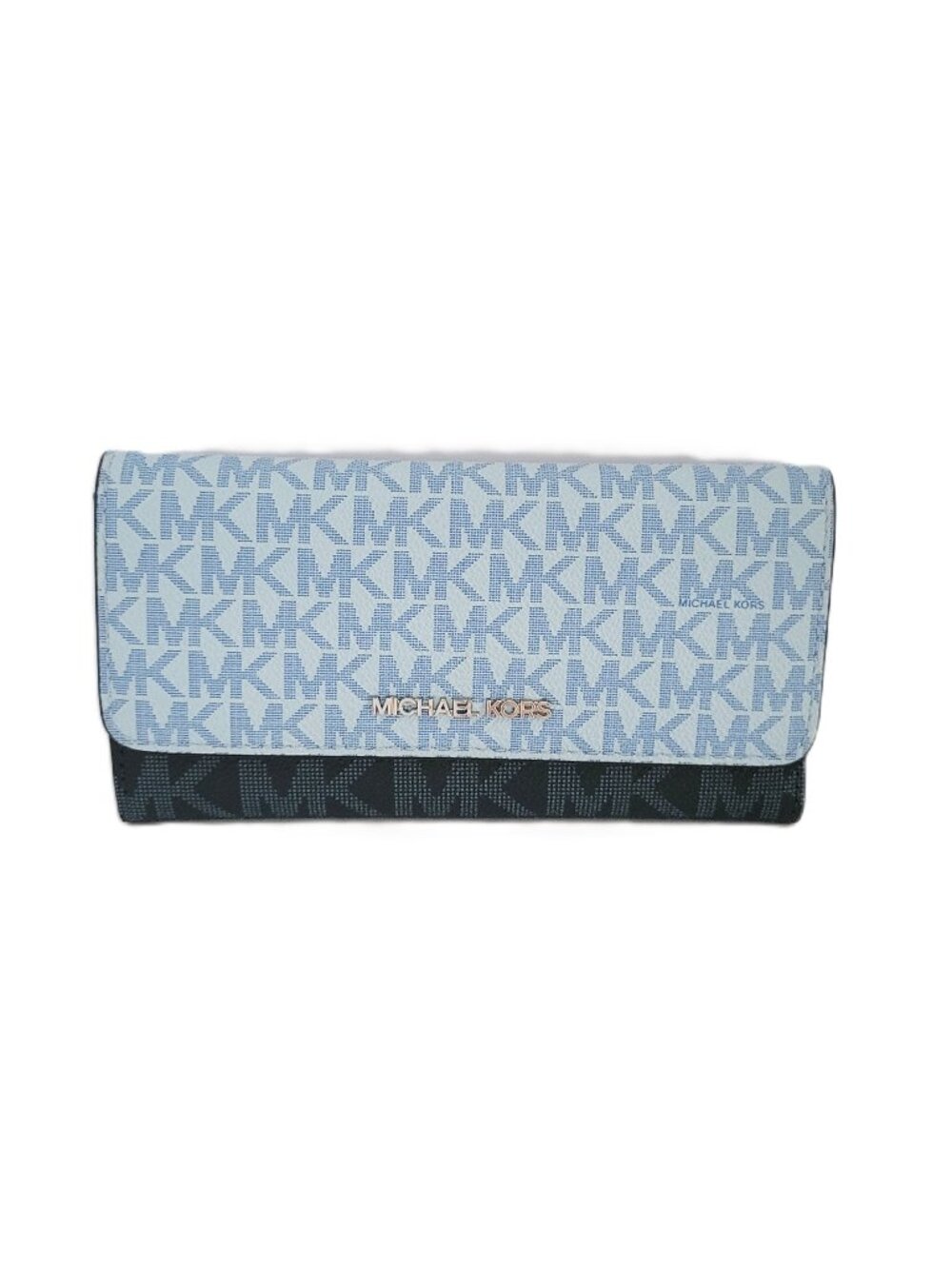 Michael Kors Jet Set Travel Large Trifold Wallet Clutch Pale Ocean Multi MK Logo